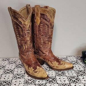 Corral Women's Distressed Leather Cognac Eagle Boots Size 9